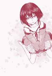 Rule 34 | 1girl, bare legs, between legs, black hair, bob cut, bright pupils, child, collarbone, dress, dutch angle, empty eyes, expressionless, falling petals, flat chest, from above, greyscale, hand between legs, highres, jacket, long sleeves, looking at viewer, monochrome, off shoulder, on ground, open clothes, open jacket, petals, reimei (1988), short dress, short hair, sidelocks, sitting, sleeveless, sleeveless dress, sleeves past wrists, solo, toaru kagaku no dark matter, toaru majutsu no index, wariza, white background, white pupils, yuzuriha ringo