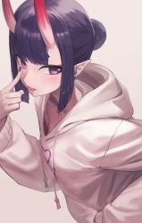Rule 34 | 1girl, :p, akanbe, alternate costume, black hair, black nails, blush, casual, chorogon, collarbone, commentary request, eyelid pull, fate/grand order, fate (series), hair bun, hood, hood down, hoodie, horns, long sleeves, looking at viewer, nail polish, purple eyes, short hair, shuten douji (fate), sidelocks, simple background, single hair bun, skin-covered horns, solo, tongue, tongue out, upper body, white background, white hoodie