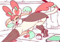 Rule 34 | 1girl, animal ears, animated, animated gif, artist name, ass, ass shake, black dress, black footwear, black socks, blush, book, cameltoe, cleft of venus, colored sclera, creatures (company), diives, dress, female focus, from behind, furry, furry female, game freak, gen 6 pokemon, green eyes, green sclera, hairband, indoors, kneehighs, looking at viewer, looking back, nintendo, open mouth, panties, pantyshot, patreon logo, patreon username, personification, poke ball, pokemon, pokemon (creature), pokemon xy, presenting, school uniform, shoes, short sleeves, smile, socks, solo, spread legs, sylveon, tail, teeth, text focus, underwear, upskirt, watermark, web address, white background, white panties