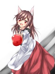 Rule 34 | 1girl, animal ears, apple, bad id, bad pixiv id, brown hair, cowboy shot, dress, fang, food, fruit, highres, imaizumi kagerou, long hair, miki yanagi, off shoulder, open mouth, red eyes, solo, touhou, wolf ears