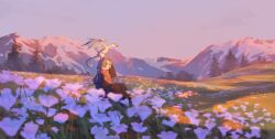 Rule 34 | 1other, absurdres, brown hair, fir tree, flower, highres, meadow, mountainous horizon, nature, original, scarf, scenery, sitting, sky, small dragon, sumi (pixiv619693), tree