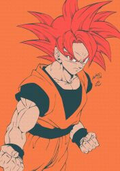 Rule 34 | 1boy, absurdres, artist name, biceps, black sash, black shirt, black wristband, clenched hands, closed mouth, collarbone, commentary request, dougi, dragon ball, dragon ball super, highres, looking at viewer, male focus, muscular, muscular male, orange background, pectorals, red eyes, red hair, sash, serious, seya (asasei 718), shirt, short sleeves, signature, simple background, solo, son goku, spiked hair, super saiyan, super saiyan god, v-shaped eyebrows, wristband