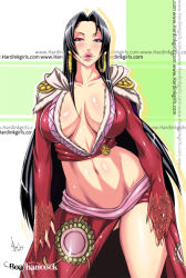 Rule 34 | 1girl, abs, amazon lily, amazon warrior, black hair, boa hancock, breasts, cleavage, curvy, cyberunique, duplicate, female focus, hip focus, huge breasts, jacket, jacket on shoulders, lips, long hair, midriff, one piece, side slit, solo, thick lips, thick thighs, thighs, toned, watermark, wide hips