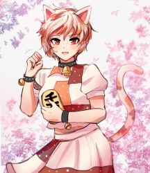 Rule 34 | 1girl, animal ears, bell, black skirt, brown hair, calico, cat ears, cat tail, clenched hand, cowboy shot, goutokuji mike, highres, holding, khylimei, leaf, looking at viewer, maneki-neko, multicolored clothes, multicolored hair, multicolored shirt, multicolored skirt, multicolored tail, neck bell, open mouth, puffy short sleeves, puffy sleeves, red eyes, short hair, short sleeves, skirt, smile, solo, standing, tail, touhou, two-tone hair, two-tone skirt, unconnected marketeers, white background, white hair, white skirt
