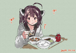 Rule 34 | 1girl, :t, ahoge, blush, bowl, brown eyes, brown hair, closed mouth, dated, eating, food, food request, green background, headgear, japanese clothes, kimono, lamb (hitsujiniku), long sleeves, looking at viewer, obi, plate, sash, simple background, sleeves past wrists, solo, table, touhoku kiritan, translation request, two side up, upper body, voiceroid, white kimono, wide sleeves