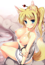 Rule 34 | 10s, 1girl, absurdres, animal ears, blonde hair, blue eyes, blush, bracelet, breasts, collarbone, dog days, fox ears, fox tail, hair ornament, hairpin, highres, jewelry, large breasts, long hair, looking at viewer, naked towel, nipples, open mouth, ponytail, scan, shiny skin, sitting, smile, solo, tail, tassel, tateha (marvelous grace), towel, wristband, yukikaze panettone