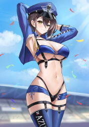 Rule 34 | 1girl, absurdres, armpits, azur lane, baltimore (azur lane), baltimore (finish line flagbearer) (azur lane), blue sky, blue thighhighs, breasts, brown hair, choker, closed mouth, commentary request, confetti, day, hai binggan, hat, highres, large breasts, navel, official alternate costume, outdoors, peaked cap, police hat, race queen, short hair, shrug (clothing), sky, smile, solo, stomach, thighhighs, yellow eyes