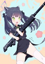 Rule 34 | 1girl, animal ears, black hair, black panties, blue archive, bullpup, carrying, china dress, chinese clothes, commentary request, dress, floral background, green eyes, gun, hair between eyes, hair ornament, halo, highres, long hair, looking away, oozumi 03, panties, pantyshot, rifle, short sleeves, shun (blue archive), shun (small) (blue archive), side slit, sidelocks, simple background, sniper rifle, solo, spread legs, thighhighs, tiger ears, tiger girl, twintails, two-tone background, underwear, weapon, white thighhighs