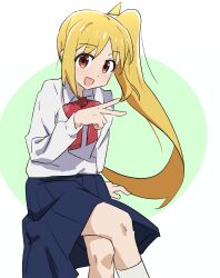 Rule 34 | 1girl, absurdres, ahoge, blonde hair, blue skirt, bocchi the rock!, bow, bowtie, brown eyes, commentary request, green background, highres, ijichi nijika, long hair, long sleeves, looking at viewer, oekakiism, open mouth, pleated skirt, red bow, school uniform, shimokitazawa high school uniform, shirt, side ponytail, sidelocks, skirt, solo, two-tone background, v, white background, white shirt