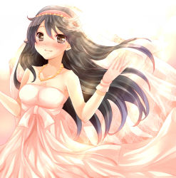 Rule 34 | 10s, 1girl, bad id, bad pixiv id, black hair, bridal veil, bride, dress, gloves, hairband, haruna (kancolle), highres, jewelry, kantai collection, long hair, necklace, personification, shizuki aya, smile, solo, veil, wedding dress
