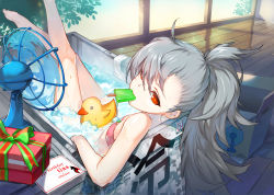 Rule 34 | 1girl, absurdres, bandeau, bare shoulders, barefoot, bikini, box, breasts, bright pupils, closers, convenient censoring, electric fan, food, from behind, gift, gift box, grey hair, hair between eyes, happy birthday, highres, ice, ice cube, indoors, crossed legs, legs up, long hair, looking at viewer, looking back, mouth hold, official art, partially submerged, pink bikini, ponytail, popsicle, rubber duck, small breasts, solo, swimsuit, tina (closers), wet