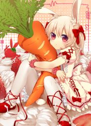 Rule 34 | 1girl, animal ears, ankle lace-up, blonde hair, blush, cake, carrot, cross-laced footwear, dress, food, fruit, fujikiti, hair ribbon, highres, icing, leg ribbon, long hair, hugging object, open mouth, original, oversized object, panties, panties under pantyhose, pantyhose, pillow, pillow hug, puffy short sleeves, puffy sleeves, rabbit, rabbit ears, red footwear, red hair, ribbon, shoes, short sleeves, sitting, solo, strawberry, two side up, underwear, white pantyhose, wrist cuffs