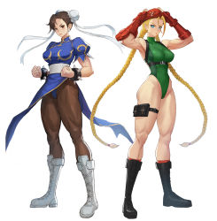 Rule 34 | 2girls, absurdres, adjusting clothes, adjusting headwear, ahoge, antenna hair, beret, blonde hair, blue dress, blue eyes, boots, bracelet, braid, breasts, brown hair, cammy white, capcom, chest harness, china dress, chinese clothes, chun-li, closed mouth, commentary request, double bun, dress, earrings, fingerless gloves, full body, garrison cap, gloves, green leotard, hair bun, harness, hat, highres, holster, jewelry, large breasts, leotard, long hair, looking at viewer, multiple girls, pantyhose, pelvic curtain, scar, spiked bracelet, spikes, standing, street fighter, street fighter v, taejoo lee, thick thighs, thigh holster, thighs, twin braids