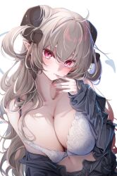 Rule 34 | 1girl, bare shoulders, blonde hair, bra, breasts, breasts squeezed together, cleavage, collarbone, double-parted bangs, hair between eyes, hair rings, hand up, head tilt, highres, horns, komupi, large breasts, leaning forward, leaning to the side, long hair, long sleeves, looking at viewer, midriff, noa (komupi), open clothes, open shirt, open shorts, original, parted lips, red eyes, red nails, shorts, simple background, tail, underwear, upper body, white background, white bra