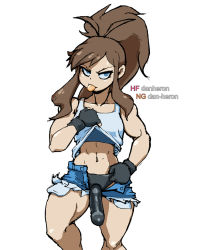 Rule 34 | 1girl, :p, abs, antenna hair, big hair, black gloves, black panties, blue bra, blue eyes, bra, brown hair, commentary, creatures (company), cutoffs, dan heron, denim, denim shorts, dildo, english commentary, fingerless gloves, game freak, gloves, hentai-foundry username, high ponytail, hilda (pokemon), long hair, looking at viewer, midriff, muscular, muscular female, naughty face, navel, nintendo, no headwear, open fly, panties, pokemon, pokemon bw, sex toy, shorts, sidelocks, solo, sports bra, strap-on, tank top, thick thighs, thighs, toned, tongue, tongue out, tsurime, underwear