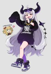 Rule 34 | !?, 2girls, ahoge, akai haato, ankle cuffs, black sweater, blush, chain, chibi, chibi inset, dot nose, fang, full body, gold chain, grey hair, highres, holding, holding microphone, hololive, horns, la+ darknesss, long hair, long sleeves, looking at viewer, microphone, multicolored hair, multiple girls, nike (company), open mouth, pantyhose, pointy ears, purple pantyhose, shoes, sidelocks, single leg pantyhose, skin fang, slit pupils, smile, sneakers, solo focus, streaked hair, sunglasses, sweater, tail, very long hair, virtual youtuber, walking, watch, wristwatch, yellow eyes, yoban