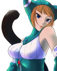Rule 34 | 1girl, animal ears, animal hood, bad id, bad pixiv id, blue eyes, breasts, breath of fire, breath of fire v, cat ears, cat hood, closed mouth, commentary request, dress, gloves, highres, hood, hyuuganatsu, lin (breath of fire), looking at viewer, orange hair, ribbed sweater, short hair, simple background, solo, sweater, tail, white background