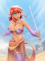 Rule 34 | 1girl, alternate costume, armlet, bikini, blue sky, boots, breasts, brellom, brown thighhighs, circlet, cleavage, commentary, dancer&#039;s costume (dq), dark-skinned female, dark skin, day, desert, detached sleeves, dragon quest, english commentary, fighting stance, freckles, genderswap, genderswap (mtf), green eyes, harem outfit, highleg, highleg bikini, highres, holding, holding sword, holding weapon, impossible clothes, jewelry, large breasts, link, link (shounen captain), necklace, nintendo, open mouth, pantyhose, purple bikini, purple footwear, purple sleeves, red eyes, ring, sarong, sheikah, sky, solo, strapless, strapless bikini, sweat, swimsuit, sword, teeth, the legend of zelda, the legend of zelda: a link to the past, thigh boots, thighhighs, upper teeth only, weapon
