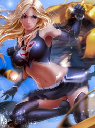Rule 34 | 1girl, adapted costume, alternate color, alternate costume, armor, armpits, bearwitch, blonde hair, blue eyes, breasts, covered erect nipples, dark persona, day, dc comics, elbow gloves, faulds, gloves, highres, impossible clothes, impossible shirt, large breasts, long hair, midriff, miniskirt, motion blur, outdoors, shirt, skirt, supergirl, superman (series), tagme, thighhighs, v-shaped eyebrows, zettai ryouiki