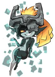 Rule 34 | 1girl, absurdres, arm support, blonde hair, breasts, collarbone, colo (nagrolaz), colored sclera, colored skin, commentary, full body, grey skin, grin, hair between eyes, hand up, helmet, highres, invisible chair, long hair, looking ahead, midna, navel, neon trim, nintendo, one eye covered, open mouth, pointy ears, red eyes, sharp teeth, simple background, sitting, skin tight, small breasts, smile, solo, teeth, the legend of zelda, the legend of zelda: twilight princess, white background, wide hips, yellow sclera