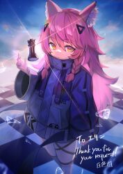 Rule 34 | 1girl, absurdres, animal ear fluff, animal ears, bandaid, bandaid on face, bandaid on nose, bishop (chess), braid, cat ears, cat girl, chess piece, chessboard, commission, hair ornament, hairclip, hakusyokuto, highres, holding chess piece, long hair, long sleeves, looking at viewer, orange eyes, original, pink hair, side braid, skeb commission, solo
