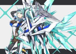 Rule 34 | 1girl, breasts, chest jewel, earrings, gloves, green eyes, green hair, high heels, highres, jewelry, large breasts, long hair, pneuma (xenoblade), ponytail, sarasadou dan, simple background, solo, swept bangs, sword, tiara, very long hair, weapon, white background, wings, xenoblade chronicles (series), xenoblade chronicles 2