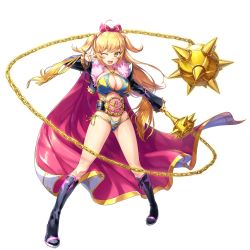 Rule 34 | 1girl, belt, blonde hair, boots, breasts, cape, chain, cleavage, feet, full body, fur trim, groin, hair ribbon, happy, highres, holding, holding weapon, jacket, large breasts, legs, legs apart, long hair, looking at viewer, mace, one eye closed, open mouth, ribbon, smile, solo, standing, stella (unitia), thighs, thong, transparent background, twintails, unitia, v, weapon, wink, yellow eyes