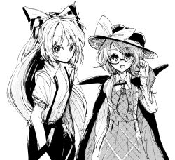 Rule 34 | 2girls, bow, cape, dress, fujiwara no mokou, glasses, greyscale, hair bow, hands in pockets, hat, hat bow, hisona (suaritesumi), low twintails, monochrome, multiple girls, open mouth, ponytail, smile, suspenders, touhou, twintails, usami sumireko