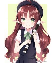 Rule 34 | 1girl, ahoge, arknights, beret, black dress, black hat, blush, bow, brown background, brown hair, closed mouth, collared shirt, commentary request, dress, dress shirt, ear piercing, flute, green bow, green eyes, hands up, hat, highres, holding, holding flute, holding instrument, instrument, long hair, looking at viewer, myrtle (arknights), parted bangs, piercing, pinafore dress, pointy ears, recorder, shirt, short sleeves, sleeveless, sleeveless dress, smile, solo, twitter username, two-tone background, very long hair, weshika, white background, white shirt