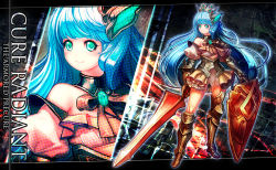 Rule 34 | 1girl, aqua eyes, armor, armored dress, blue hair, boots, crown, detached collar, gloves, highres, knee boots, long hair, magical girl, mochisoldier, original, precure, ribbon, shield, skirt, smile, solo, standing, sword, weapon, zoom layer