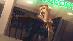 Rule 34 | 1girl, absurdres, blonde hair, blue eyes, capelet, chair, coffee, crabi, crossed ankles, cup, disposable cup, dutch angle, from below, highres, hololive, hololive english, looking at viewer, necktie, needle, plaid, plaid skirt, red neckwear, restaurant, short hair, skirt, syringe, table, twitter username, virtual youtuber, watson amelia