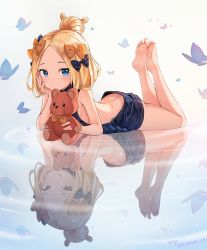 Rule 34 | 1girl, :q, abigail williams (fate), artist name, ass, backless outfit, bare arms, bare legs, bare shoulders, barefoot, black bow, black sweater, blonde hair, blue eyes, blush, bow, bug, butt crack, butterfly, closed mouth, commentary request, different reflection, fate/grand order, fate (series), forehead, full body, hair bow, hair bun, highres, insect, legs up, long hair, looking at viewer, lying, meme attire, multiple hair bows, on stomach, orange bow, parted bangs, polka dot, polka dot bow, red eyes, reflection, ribbed sweater, ripples, signature, single hair bun, smile, soles, solo, stuffed animal, stuffed toy, sweater, teddy bear, tongue, tongue out, twitter username, tyot, virgin killer sweater, water