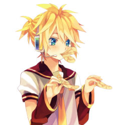 Rule 34 | 1boy, :v, akiyoshi (tama-pete), blonde hair, blue eyes, chips (food), food, headset, kagamine len, male focus, mouth hold, necktie, short hair, simple background, solo, vocaloid, yellow necktie