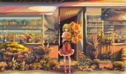 Rule 34 | 1girl, absurdres, alternate costume, blurry, book, bookshelf, chalkboard, chinese commentary, commentary request, day, depth of field, flower, green hair, highres, holding, holding flower, kazami yuuka, ladder, light smile, long skirt, looking at viewer, outdoors, plant, planter, potted plant, puffy short sleeves, puffy sleeves, red eyes, red footwear, red skirt, shirt, short hair, short sleeves, sign, signature, skirt, solo, standing, storefront, sunflower, touhou, white shirt, wide shot, worini