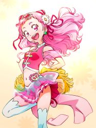 Rule 34 | 10s, 1girl, :d, back bow, bow, cone hair bun, cropped legs, cure yell, double bun, earrings, flower, hair bun, hair flower, hair ornament, hair ribbon, hands on own hips, heart, heart hair ornament, highres, hugtto! precure, jewelry, layered skirt, long hair, looking at viewer, magical girl, mame kokurui, midriff, navel, nono hana, open mouth, pink bow, pink eyes, pink hair, pink shirt, pink skirt, pom pom (cheerleading), precure, red ribbon, ribbon, shirt, skirt, sleeveless, sleeveless shirt, smile, solo, standing, standing on one leg, thighhighs, white thighhighs, zettai ryouiki