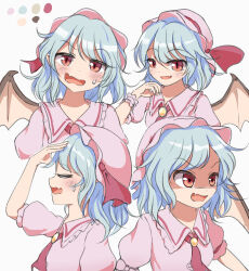 Rule 34 | 1girl, ascot, blue hair, blush, chitose hachi, closed eyes, collared shirt, color guide, commentary request, fang, frilled shirt collar, frills, hand on own head, hat, highres, looking afar, looking at viewer, medium bangs, mob cap, multiple views, open mouth, pink headwear, pink shirt, puffy short sleeves, puffy sleeves, red ascot, red eyes, remilia scarlet, shaded face, shirt, short hair, short sleeves, simple background, skin fang, slit pupils, smile, sweatdrop, touhou, upper body, white background, wrist cuffs