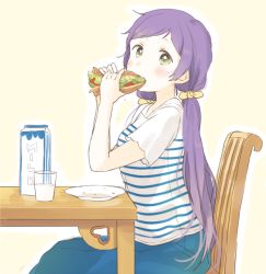 Rule 34 | 10s, 1girl, blush, casual, chair, cup, drinking glass, eating, food, from side, kana (okitasougo222), long hair, love live!, love live! school idol festival, love live! school idol project, low twintails, milk, milk carton, purple hair, sandwich, shirt, simple background, sitting, solo, striped clothes, striped shirt, table, tojo nozomi, twintails
