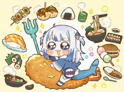 Rule 34 | 1girl, :3, :d, blue eyes, blue hair, blunt bangs, blush stickers, bowl, chibi, chopsticks, commentary request, cup, curry, curry rice, dango, drooling, dumpling, fins, fish tail, food, food request, gawr gura, highres, hololive, hololive english, jiaozi, multicolored hair, noodles, onigiri, open mouth, polearm, ramen, rice, same anko, sanshoku dango, shark tail, shrimp, shrimp tempura, simple background, smile, solo, sparkle, spoon, streaked hair, sushi, tail, takoyaki, tempura, trident, two-tone hair, two side up, virtual youtuber, wagashi, weapon, white hair, yunomi