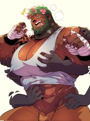 Rule 34 | 1boy, bara, beard, breath, bulge, clothes lift, cowboy shot, dark-skinned male, dark skin, disembodied hand, drooling, facial hair, final fantasy, final fantasy xiv, flower, full beard, grabbing, green hair, groping, hair flower, hair ornament, highres, huge pectorals, kokukokuboo, male focus, mature male, mouth drool, multicolored hair, muscular, muscular male, nipple pull, nipple stimulation, pectoral cleavage, pectoral grab, pectorals, pink hair, roegadyn, scar, second-party source, shield (sakimori91), shirt lift, short hair, sideburns, solo focus, streaked hair, surrounded by hands, sweat, tank top, thick beard, thick eyebrows, warrior of light (ff14), white tank top, yaoi