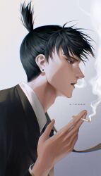 Rule 34 | 1boy, absurdres, artist name, black hair, black jacket, black necktie, chainsaw man, chromatic aberration, cigarette, collared shirt, earrings, formal, hayakawa aki, highres, holding, holding cigarette, jacket, jewelry, looking to the side, necktie, nthndn, open mouth, shirt, short hair, simple background, smoke, smoking, solo, stud earrings, suit, suit jacket, topknot, white background, white shirt