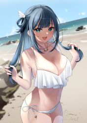 Rule 34 | 1girl, bare shoulders, bikini, black hair, blush, breasts, cleavage, collarbone, green eyes, highres, large breasts, long hair, looking at viewer, navel, open mouth, original, smile, solo, swimsuit, thighs, virtual youtuber, white bikini, yamamura umi