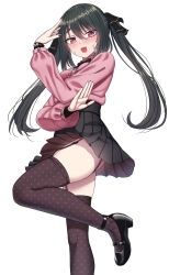 Rule 34 | 1girl, absurdres, black footwear, black skirt, black thighhighs, blush, fang, garter straps, green hair, hair between eyes, highres, long hair, long sleeves, looking at viewer, nail polish, open mouth, original, pink shirt, pleated skirt, red eyes, red nails, sayano (yakob labo), shirt, shoes, simple background, skirt, solo, standing, standing on one leg, thighhighs, twintails, yakob labo