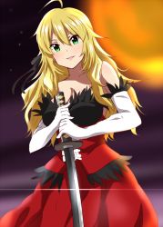 Rule 34 | 1girl, ahoge, blonde hair, blurry, blurry background, breasts, cleavage, collarbone, cosplay, dars (recolors), dress, elbow gloves, gloves, green eyes, hair between eyes, holding, holding sword, holding weapon, hoshii miki, idolmaster, idolmaster (classic), katana, kiss-shot acerola-orion heart-under-blade, kiss-shot acerola-orion heart-under-blade (cosplay), large breasts, long hair, looking at viewer, moon, night, oshino shinobu, outdoors, parted lips, smile, solo, strapless, strapless dress, sword, weapon, white gloves