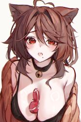 Rule 34 | 1girl, absurdres, ahoge, animal ears, bell, between breasts, black bra, black choker, blush, box, bra, breasts, brown cardigan, brown hair, cardigan, cat ears, choker, fang, hair between eyes, hair intakes, heart, heart-shaped box, heart ahoge, highres, large breasts, long hair, looking at viewer, mole, mole on breast, mole under mouth, naokomama, neck bell, off shoulder, open cardigan, open clothes, original, red eyes, simple background, single bare shoulder, solo, strap slip, underwear, upper body, valentine, white background