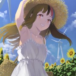 Rule 34 | 1girl, absurdres, arm up, armpits, bag, basket, brown eyes, brown hair, cloud, commentary, day, dress, field, flower, flower field, frilled dress, frills, from below, galaco, galaco (neo), grin, hand on headwear, hat, highres, huge filesize, long hair, looking at viewer, mixed-language commentary, multicolored hair, outdoors, shoulder bag, sky, smile, solo, spaghetti strap, straw hat, streaked hair, sun hat, sundress, sunflower, sunflower field, tarokazu, upper body, vocaloid, white dress, wind turbine, windmill