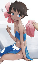 Rule 34 | 1girl, ?, bandeau, bare shoulders, blue bandeau, blue eyes, blue sarong, blush, breasts, brown hair, collarbone, creatures (company), dark-skinned female, dark skin, disembodied hand, dripping, female focus, flower, from side, game freak, hair flower, hair ornament, half-closed eyes, hand up, highres, holding, holding flower, light blush, looking to the side, midriff, my700, navel, nintendo, open mouth, phoebe (pokemon), pink flower, pokemon, pokemon rse, poolside, pov, sarong, shiny skin, short hair, sidelocks, simple background, sitting, small breasts, soaking feet, solo focus, stomach, teeth, thighs, water, wet, white background