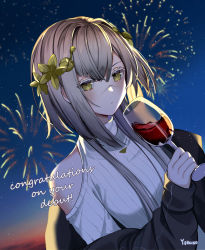 Rule 34 | 1girl, alcohol, android, artist name, clothing cutout, commentary, cup, drinking glass, english commentary, english text, flower, grey sweater, hair behind ear, hair flower, hair ornament, highres, holding, holding cup, indie virtual youtuber, looking at viewer, metal skin, night, parted lips, ribbed sweater, shoulder cutout, silver hair, sky, solo, star (sky), starry sky, sweater, the cecile (vtuber), virtual youtuber, wine, wine glass, yellow eyes, yuniiho