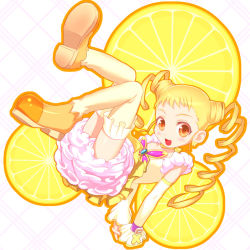 Rule 34 | 00s, 1girl, blonde hair, brooch, bug, butterfly, cone hair bun, cure lemonade, double bun, dress, drill hair, earrings, food, fruit, hair bun, holding, holding food, holding fruit, insect, jewelry, kasugano urara (yes! precure 5), lemon, long hair, magical girl, precure, shoes, smile, solo, thighhighs, twin drills, twintails, uni (plastic girl), yellow background, yellow eyes, yellow theme, yellow thighhighs, yes! precure 5