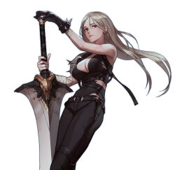 1girl absurdres bandaged_arm bandages belt black_belt black_gloves black_pants black_shirt breasts center_opening chest_harness closed_mouth commentary english_commentary feet_out_of_frame gloves grey_hair harness highres holding holding_sword holding_weapon large_breasts long_hair looking_at_viewer loose_hair_strand nasaca original pants scar scar_on_arm shirt simple_background single_glove sleeveless sleeveless_shirt solo spiked_gloves sword thigh_belt thigh_strap torn_clothes torn_shirt weapon white_background