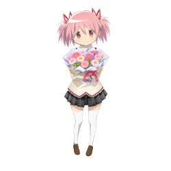 Rule 34 | 1girl, beige blouse, black skirt, blouse, bouquet, brown footwear, closed mouth, commentary, dot nose, eyes visible through hair, female focus, flower, full body, hair between eyes, hair ribbon, happy, high collar, highres, holding, holding bouquet, jewelry, kaname madoka, legs apart, light blush, loafers, looking at viewer, mahou shoujo madoka magica, mahou shoujo madoka magica (anime), mitakihara school uniform, official art, pink eyes, pink flower, pink hair, pink ribbon, plaid, plaid skirt, pleated skirt, red ribbon, ribbon, ring, school uniform, shirt, shoes, simple background, skirt, smile, solo, symbol-only commentary, taniguchi jun&#039;ichirou, tareme, thighhighs, twintails, white background, white flower, white thighhighs, zettai ryouiki